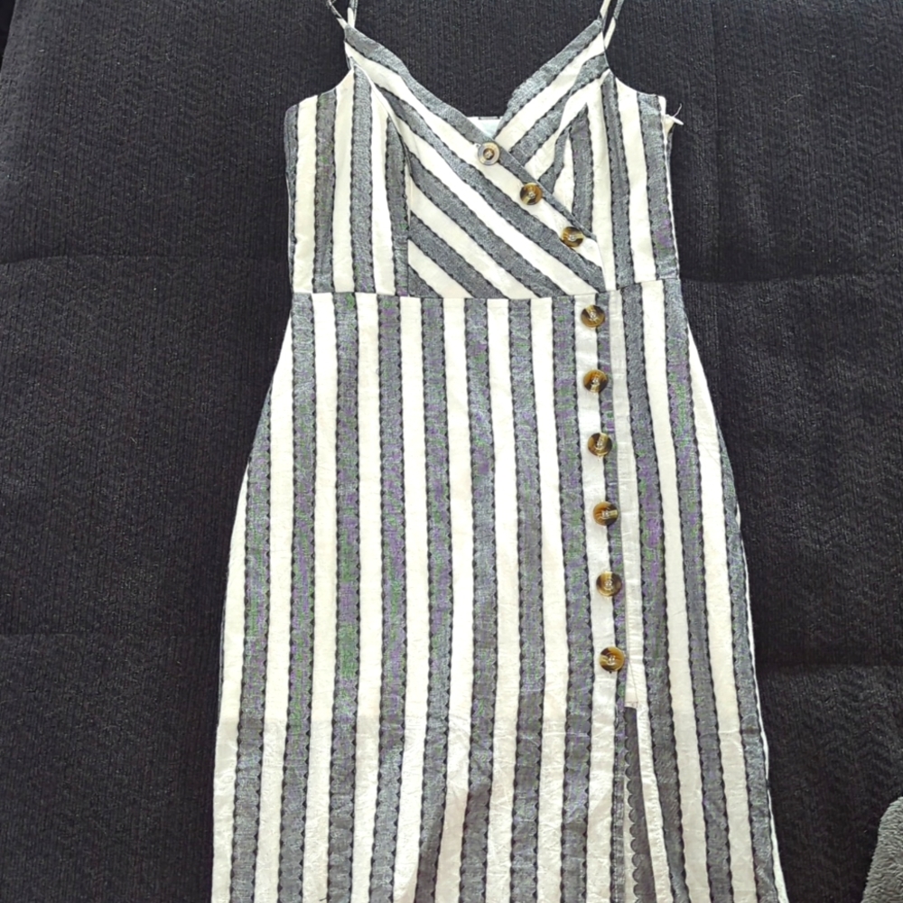Women's Francesca's Harper Heritage Grey White Stripe Button Front Dress XS